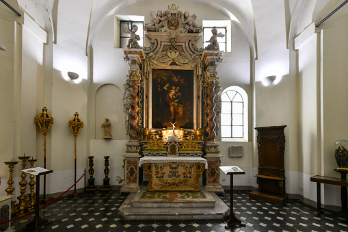 Genoa, Italy - Aug 1, 2022: Interior of San Donato church in the historic center of Genoa, Italy.