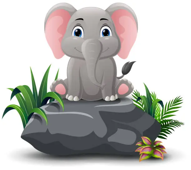 Vector illustration of Cute elephant cartoon sitting on the stone