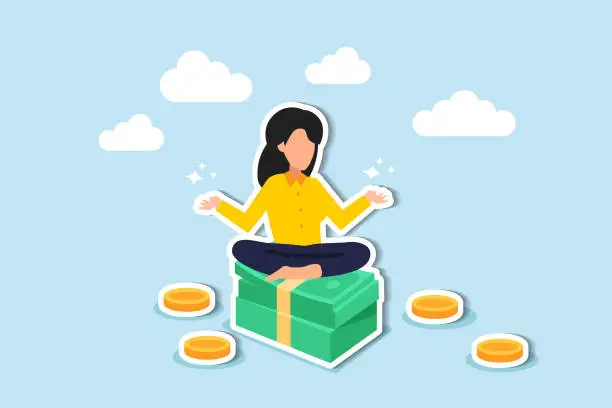 Vector illustration of Financial wellbeing involves managing money wisely, saving, investing, and accumulating wealth through income or wages concept, success woman lotus meditating on pile of money banknotes and coin.