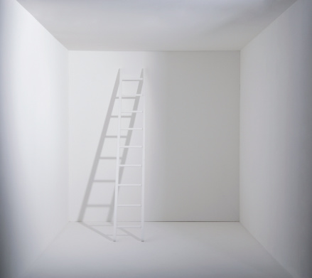 Ladder to the white window in the dark room.Concept of searching solution. 3D rendering