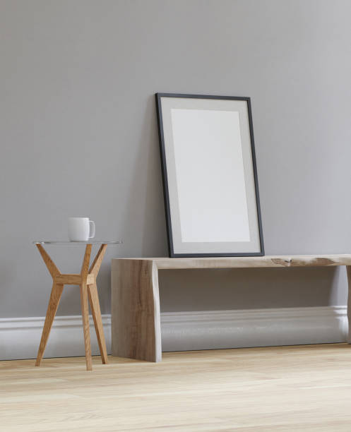 istock mockup on the seat cozy home interior, empty frame and light gray wall background. room 3D rendering. 2003997040