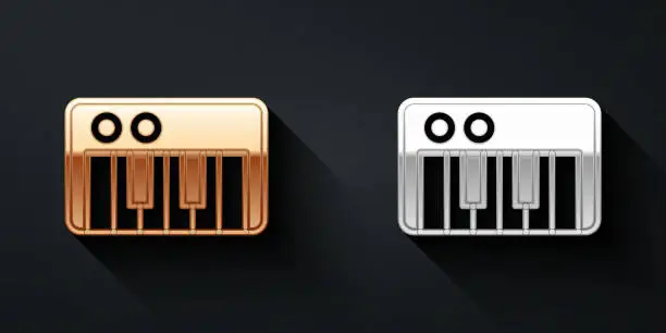 Vector illustration of Gold and silver Music synthesizer icon isolated on black background. Electronic piano. Long shadow style. Vector