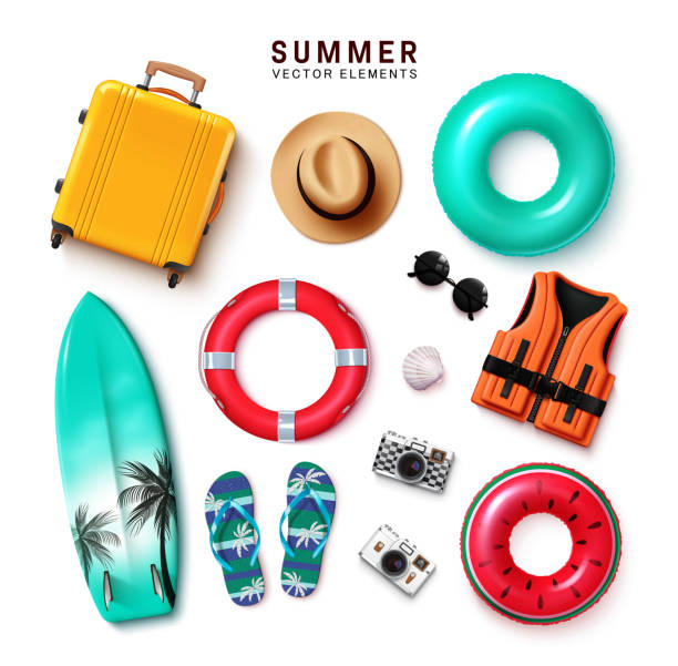 여름 요소 벡터 세트 디자인입니다. 가방 여행용 가방, 모자, 플로터, 서핑보드, 열대 휴가를 위한 카메라와 같은 여름 여행 요소 - life jacket buoy sign sky stock illustrations