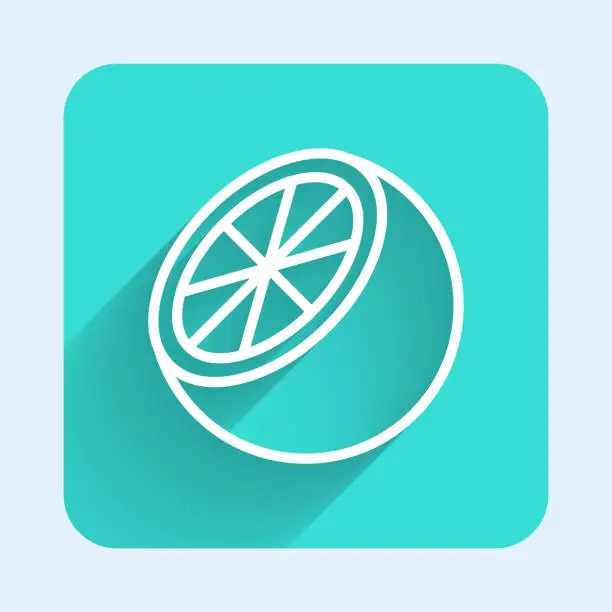 Vector illustration of White line Orange fruit icon isolated with long shadow. Green square button. Vector