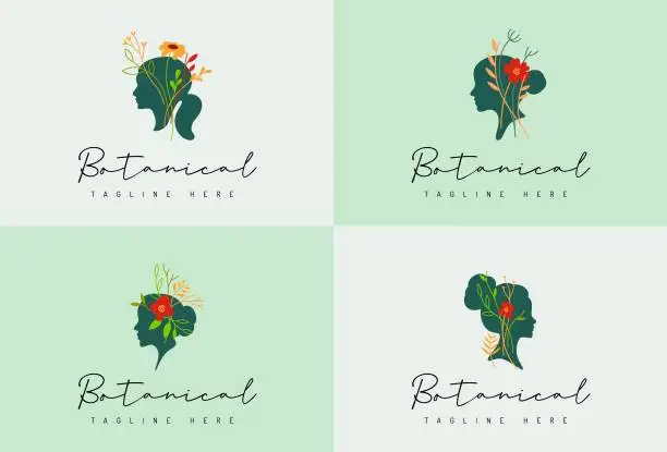 Vector illustration of Beauty Handdrawn Botanic Woman Line Art Logo Set Vector Stock Illustration