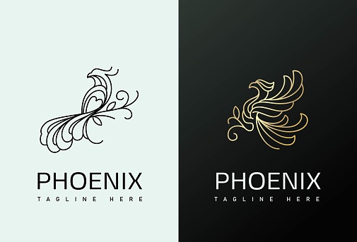 Vector Illustration of Golden Luxury Phoenix. 2 Stocks Logo Illustrations of Golden Luxury Phoenix Perching on Tree Branch Line Art for Business Purpose