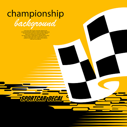 Black abd orange sport background with checkered flags and stars for racing competitions and rally banners