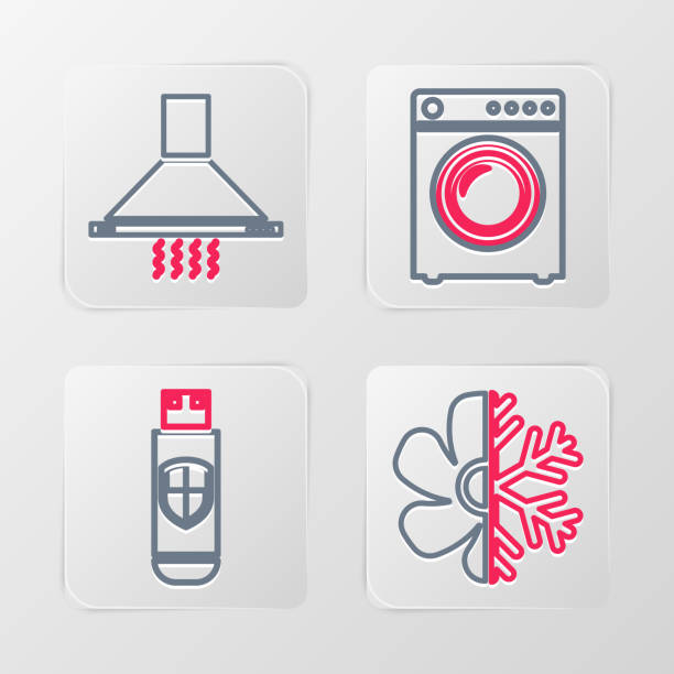 illustrazioni stock, clip art, cartoni animati e icone di tendenza di impostare la linea condizionatore d'aria, chiavetta usb e schermo, lavatrice e icona dell'aspiratore da cucina. vettore - air conditioner flash