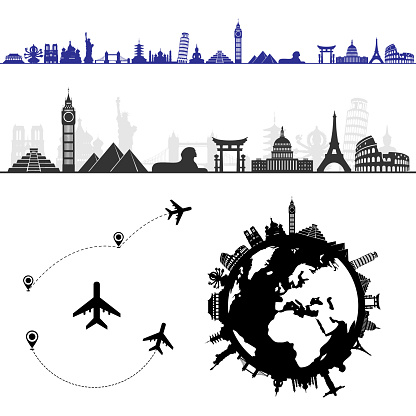 Set of different white world cities sights isolated on white background with airplanes and travel directions