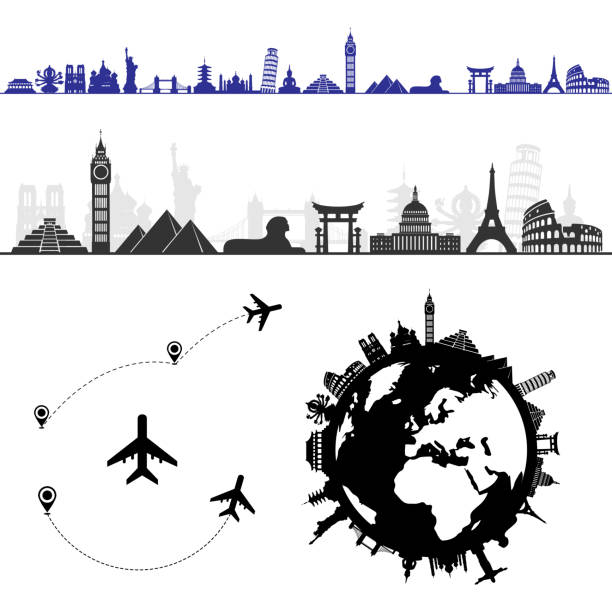 World sights in line and with circle Set of different white world cities sights isolated on white background with airplanes and travel directions pisa sculpture stock illustrations