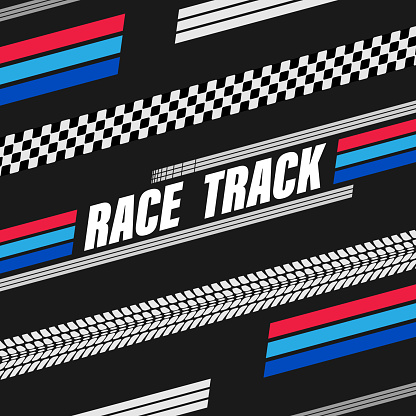Different black and white sport flags silhouettes for start and finish lines. Text and logo design with tire tracks and flags