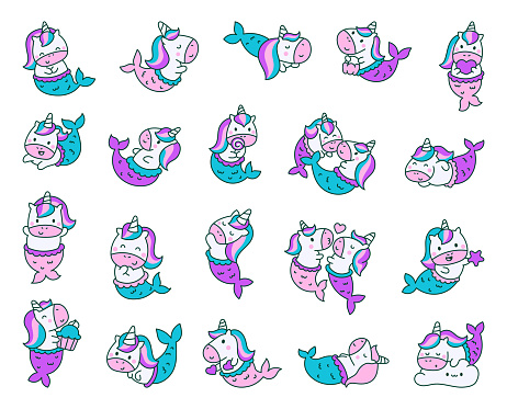 Cute kawaii unicorn mermaid. Fantasy cartoon characters. Hand drawn style. Vector drawing. Collection of design elements.