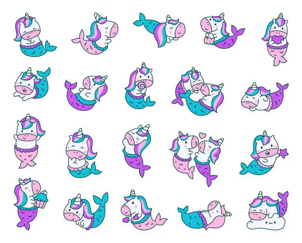 Vector illustration of Cute kawaii unicorn mermaid. Fantasy cartoon characters. Hand drawn style. Vector drawing. Collection of design elements.