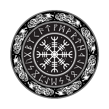 White runic Scandinavian symbol with dragon circle and Vegvisir sign for Scandinavian tattoo design isolated on white background