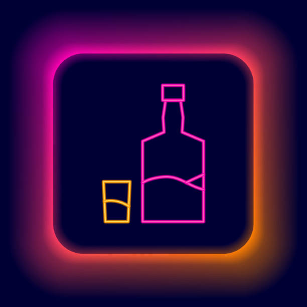 glowing neon line tequila bottle and shot glass icon isolated on black background. mexican alcohol drink. colorful outline concept. vector - shot glass mexican culture lime alcohol点のイラスト素材／クリップアート素材／マンガ素材／アイコン素材