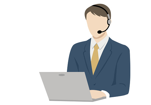 Illustration of a call center worker with a headset and a laptop