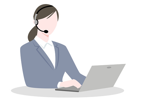 Illustration of a call center worker with a laptop on a white background