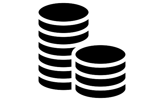 Black silhouette icon of two rows of stacked coins