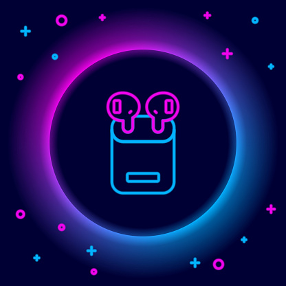 Glowing neon line Air headphones in box icon isolated on black background. Holder wireless in case earphones garniture electronic gadget. Colorful outline concept. Vector.