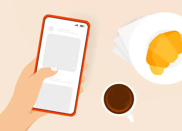 Vector illustration of Digital Lifestyle - young woman engages with social media on her mobile phone, paired with coffee and croissant. Modern Breakfast Scene and Morning Rituals. Enjoying Social Media vector illustration