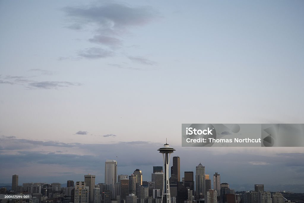 USA, Washington, Seattle, skyline at dusk, elevated view May 2006 Space Needle Stock Photo