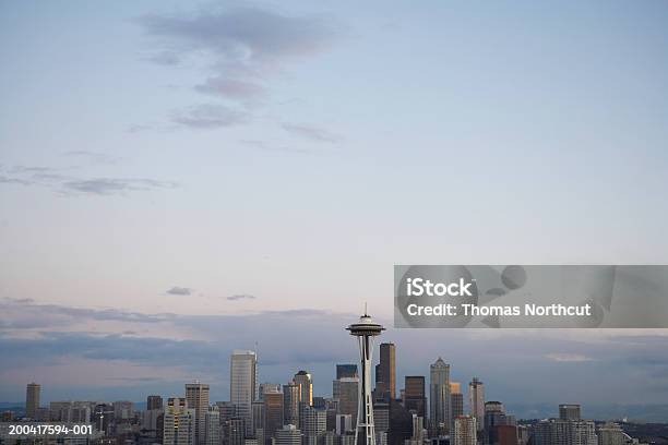 Usa Washington Seattle Skyline At Dusk Elevated View Stock Photo - Download Image Now