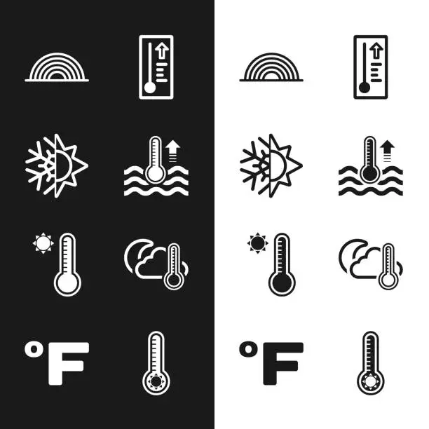 Vector illustration of Set Water thermometer, Sun and snowflake, Rainbow, Meteorology, Thermometer cloud, moon, and Fahrenheit icon. Vector