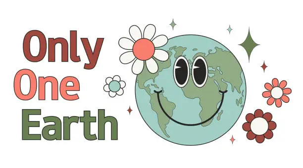 Vector illustration of Groovy Earth. 70s style. Sticker, t-shirt design, banner, poster, card in trendy retro style. Only one Earth concept.