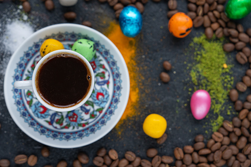 Coffee Pot (Cezve) and Turkish Coffee (Turk Kahvesi) in the Middle of Coffee Beans Photo, Uskudar Istanbul, Turkiye (Turkey)