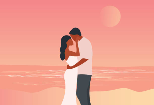 ilustrações de stock, clip art, desenhos animados e ícones de loving couple embracing and looking  moon on the beach in sunset sky background vector illustration. love, happy valentine's day, honeymoon and wedding concept - honeymoon wedding married engagement