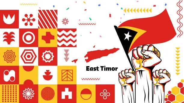 Vector illustration of East Timor national day banner with East Timorese flag colors theme and geometric abstract retro modern blue black background white design. East Timor Flag for Independence Day.