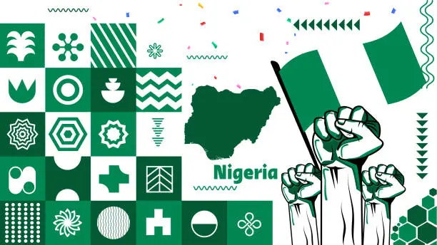 Vector illustration of Nigeria national day banner design. Nigerian flag theme graphic waves art web background. Abstract pattern, green white color. Nigeria flag corporate geometric spiral vector illustration.