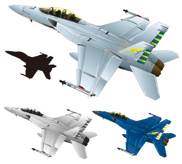 graue twin-jet-engine-kampfflugzeug-f18-bildillustration (satz blauer, monochromer und schwarzer silhouettenversionen) - air force fighter plane pilot military stock-grafiken, -clipart, -cartoons und -symbole