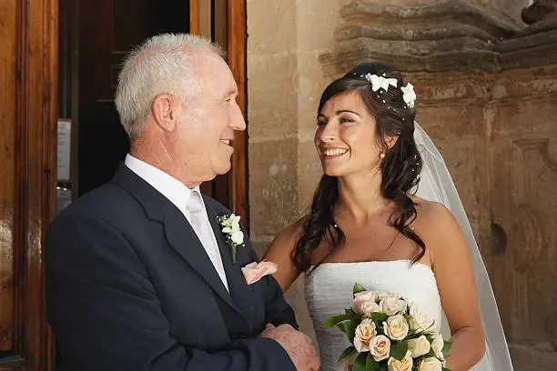 Photo of Bride smiling at father