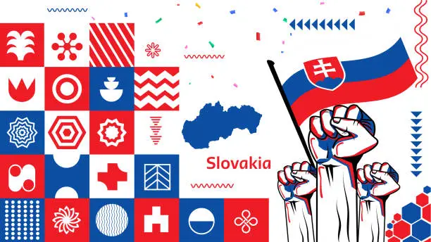 Vector illustration of Slovakia national day banner with Slovak flag colors theme background and geometric abstract retro modern red white blue design. Slovakia Bratislava map. Slovensko Central Europe Vector Illustration.