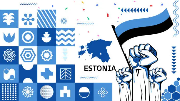 Vector illustration of Estonia national day banner with Estonian flag colors theme and geometric abstract retro modern blue black background white design. Tallinn Estonia Flag for independence day.