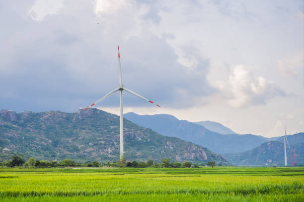 Wind power plant. green meadow with Wind turbines generating electricity.