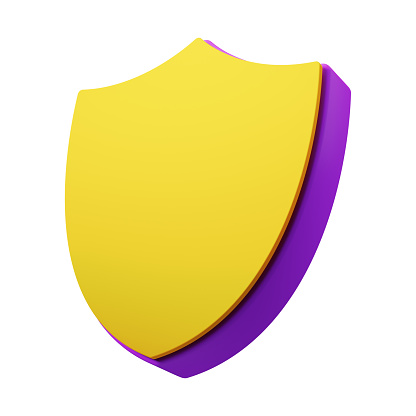 Security, protection and safety concept - 3d symbol of shield in yellow and purple colours. Isolated on white background.