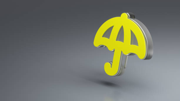Umbrella - insurance, protection concept. Yellow 3d icon with transparent glass element on grey background with copy space on the left.