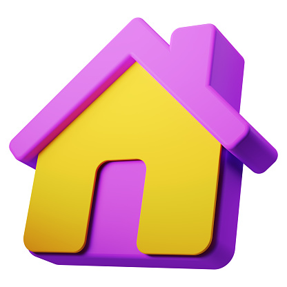 Real estate, mortgage, loan concept - home 3d icon in yellow and purple colours. Isolated on white background.