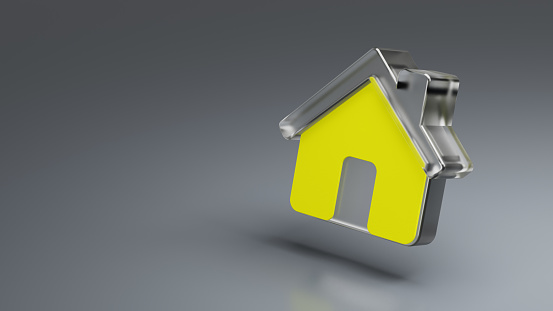 Real estate, mortgage, loan concept. Home - 3d glossy icon on grey background, copy space on the left side of the image.