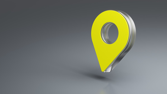Navigation concept - Geo tag, map pin 3d glossy icon on grey background, copy space on the left side of the image.