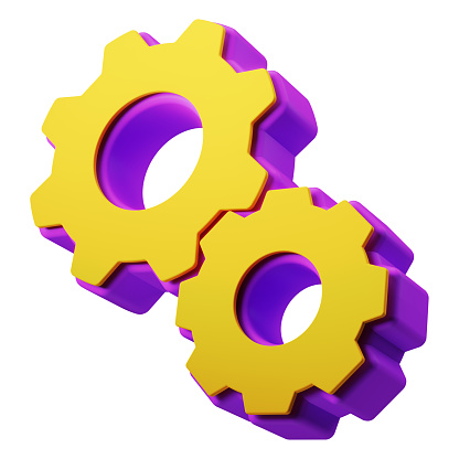 Working, solution, teamwork, processing concept. Gears 3d symbol in yellow and purple colours. Isolated on white background.