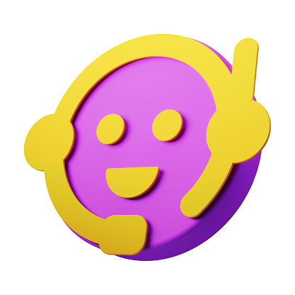 Chatbot, call centre, customer support concept - emoticon with a microphone and headphones 3d symbol in yellow and purple colours. Isolated on white background.