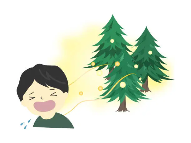 Vector illustration of Pollen flies from Cedar Trees and man is sneezing