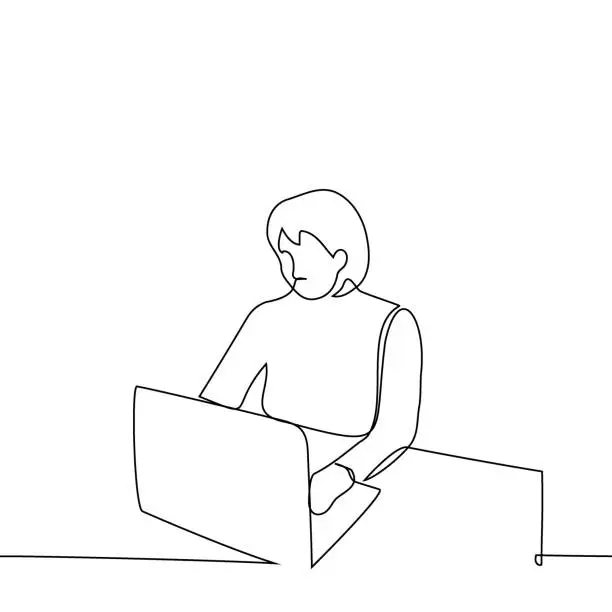 Vector illustration of woman working on laptop - one line drawing vector. concept freelancer