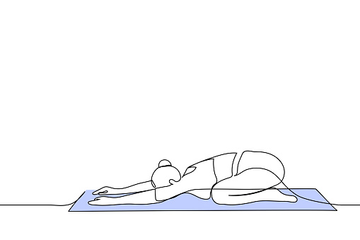 woman lying on mat in yoga pose stretching her back - one line drawing vector. concept stretching in child exercise