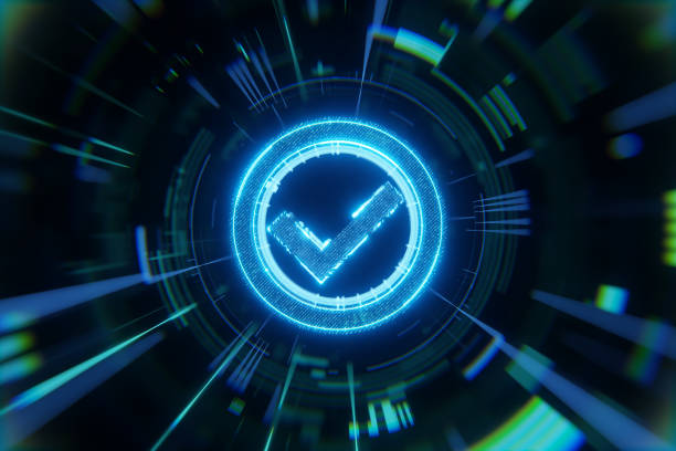 Approve, check mark symbol. 3d glossy icon on abstract technology background. 3d render
