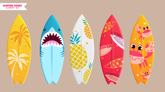 Summer surfboard element vector set. Summer surfing board with shark, pineapple, fish and crab pattern collection for beach water sport activity. Vector illustration surfboard collection.
