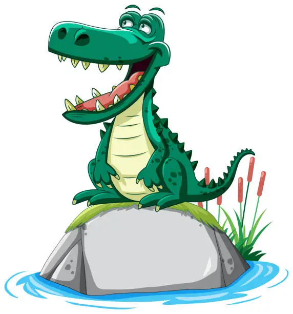 Vector illustration of Cartoon crocodile sitting atop a stone in water